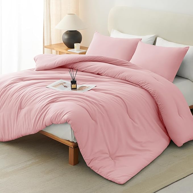 CozyLux Full Size Comforter Set Pink, 3 Pieces Lightweight Down Alternative Quilted Bedding Sets, All Season Soft Breathable Solid Comforter with 2 Pillowcases, Luxury Bed Set Gift for Home