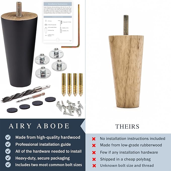 Airy Abode Premium Black Wood Furniture Legs (Full Install Kit) - Pick Your Size and Color