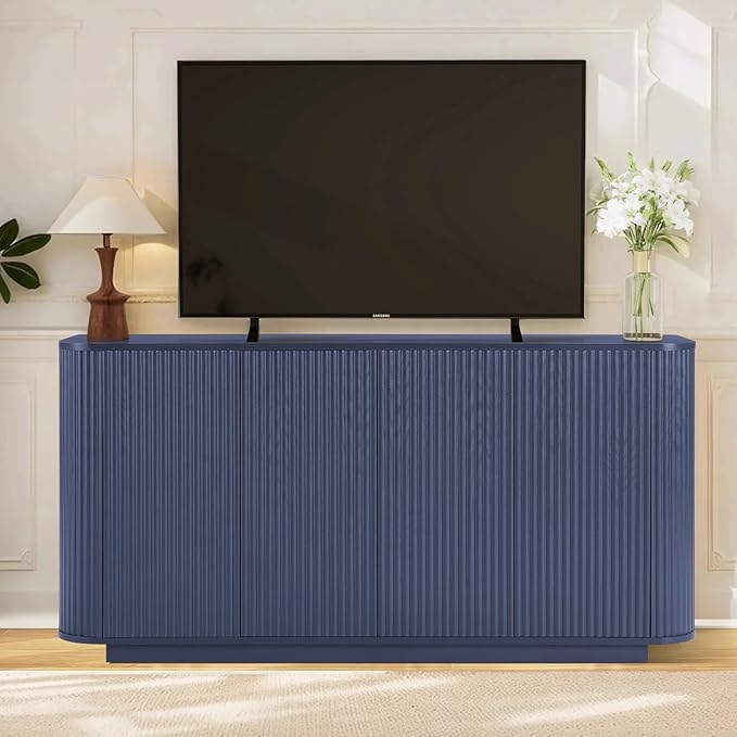 LKTART 64" Buffet Cabinet with Storage, Modern Fluted Accent Sideboard Media Console Credenza with Adjustable Shelves Pressed Spring for Kitchen Living Room,31.5" H (Blue)