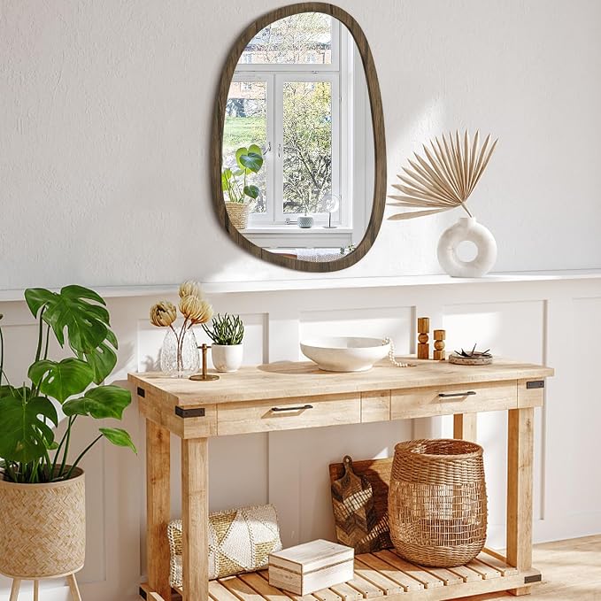 Brown Irregular Wooden Framed Mirror Hanging Asymmetrical Mirror for Wall Modern Wall Mirror Unique Shape Decorative Vanity Bathroom Living Room Bedroom Entryway Hallway Artistic Oval Mirror