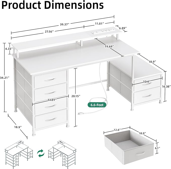 52 Inch Office Desk with 6 Drawers and Printer Space for Storage, Reversible Computer Desk with Monitor Stand & Power Outlets, Home Office Desks, White
