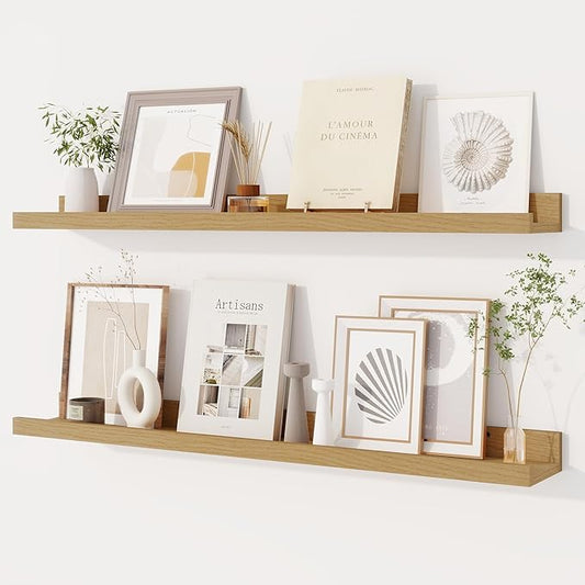 Dreamland Picture Ledge Shelf for Wall, Floating Shelves Set of 2, 32 Inch Long Floating Shelves with Lip for Living Room, Bedroom, Bathroom, Kitchen, Oak