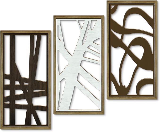 Putuo Decor 3PC Geometric Abstract Art Wall Decor Set, Modern Minimalist Line Cut Wall Art for Living Room, Brown and White Wooden Frame Abstract Wall Decor for Bedroom and Home Decoration