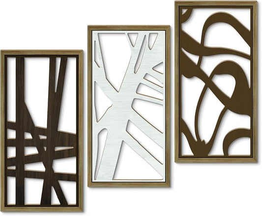 Putuo Decor 3PC Geometric Abstract Art Wall Decor Set, Modern Minimalist Line Cut Wall Art for Living Room, Brown and White Wooden Frame Abstract Wall Decor for Bedroom and Home Decoration