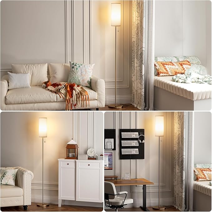 Ambimall Floor Lamp with 3 Color Temperatures Bulb, 64" Standing lamp with Linen lampshade for Bedroom, Minimalist Pole Lamp, White Shade & Brown Pole