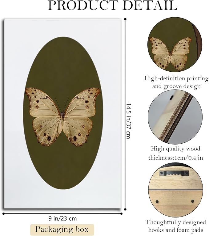 UYIKG Vintage White Butterfly Oval Wall Art Decor,Vintage Antique Moth Rustic Farmhouse Oval Wooden Framed Decor for Home Bedroom Living Room Reading Room 9x14.6 in