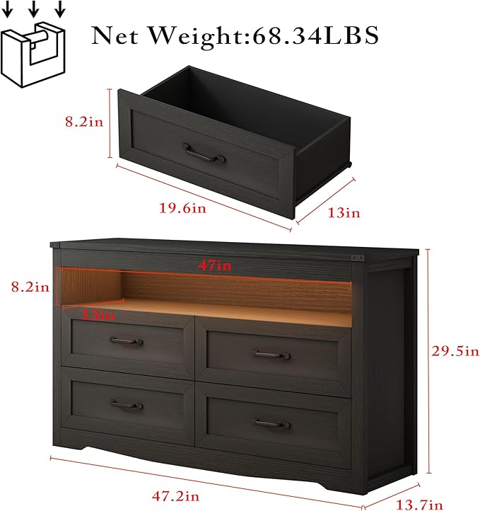 Black Dresser for Bedroom, Wood 4 Drawer Dresser with LED Light, Dressers & Chests of Drawers with Metal Handles, Storage and Organization for Bedroom, Hallway, Entryway