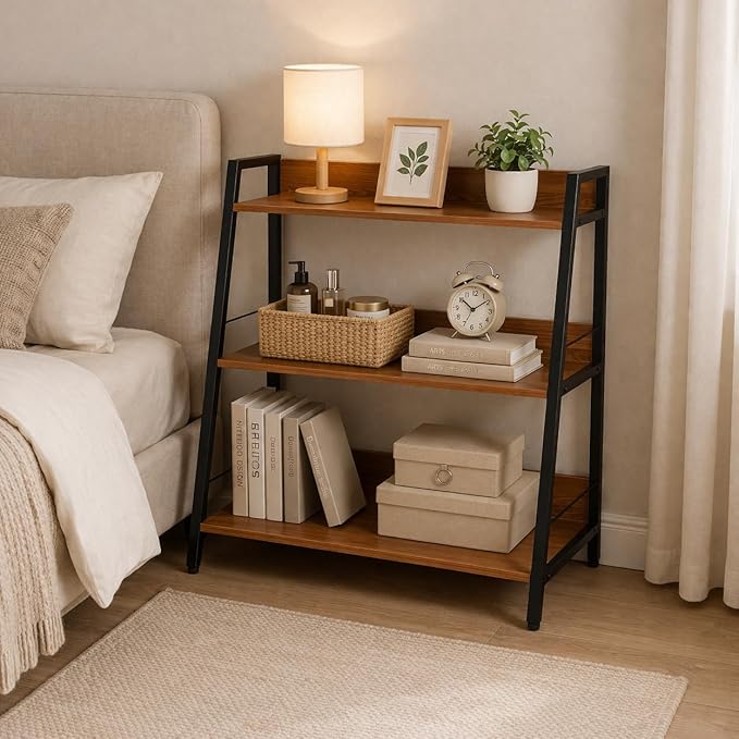 Ladder Shelf, 3 Tier Bookshelf, Small Bookshelf for Small Spaces, Wood and Metal Bookcase, Ladder Bookshelf, Modern Storage Shelf for Living Room and Office (Black, Ladder)