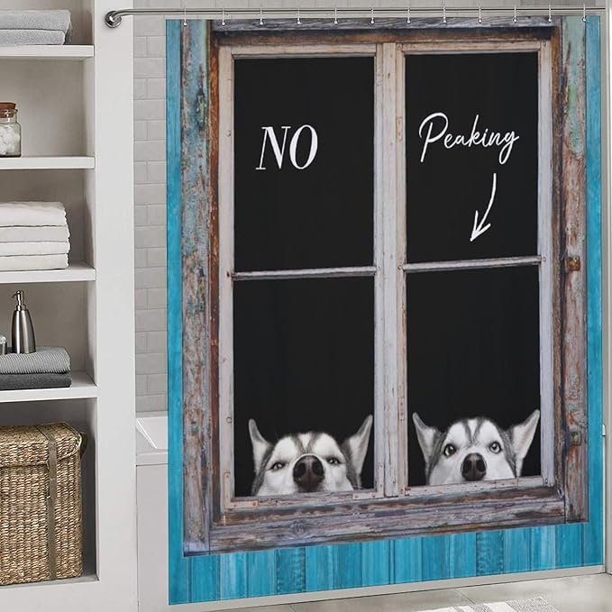 Funny Dog Shower Curtain Blue Rustic Farmhouse Wooden Country Lovely Animal Pet Pattern Duty Fabric Shower Curtains Set Bathroom Polyester Waterproof with 12 Hooks,72x72Inch（183x183cm）