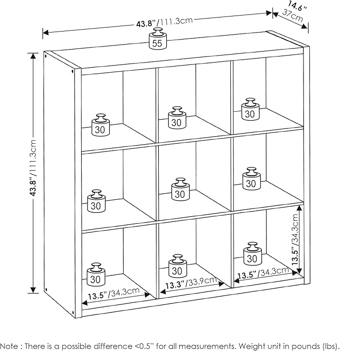 Furinno CUBICLE Book Shelf, 9-Cube Bookshelf, Extra Thick Frame Reversible Bookcase with Open Back, 14.6" x 44" x 44", for Living Room, Bedroom, Home Office, Black Dark Oak