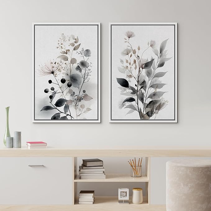 IDEA4WALL Framed Canvas Print Wall Art Set Neutral Botanical Watercolor Monochrome Leaves and Flowers Illustrations Modern Art Decorative Calm/Zen for Living Room, Bedroom, Office - 24"x36"x2 White