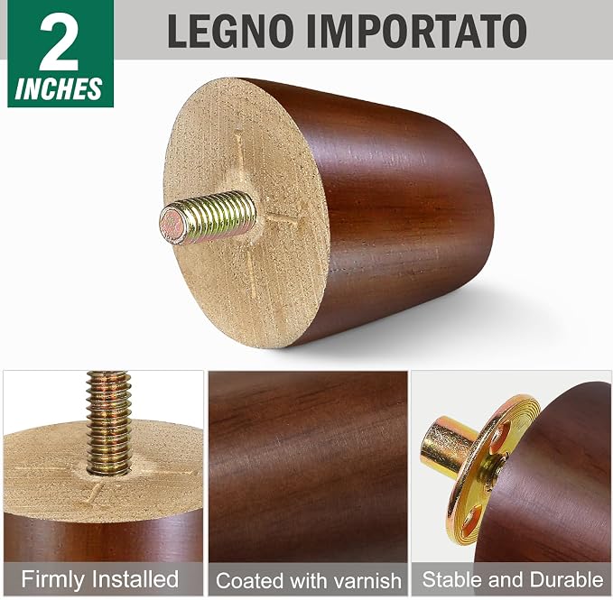 FoDau770 Brown Rubber Wood Furniture Legs 2 Inches, Slant Tapered Wood Feet Mid Century Sofa Legs Set of 4, 5/16" UNC Furniture Feet Replacement Parts for Cabinet Couch Dresser Chair Ottoman Table