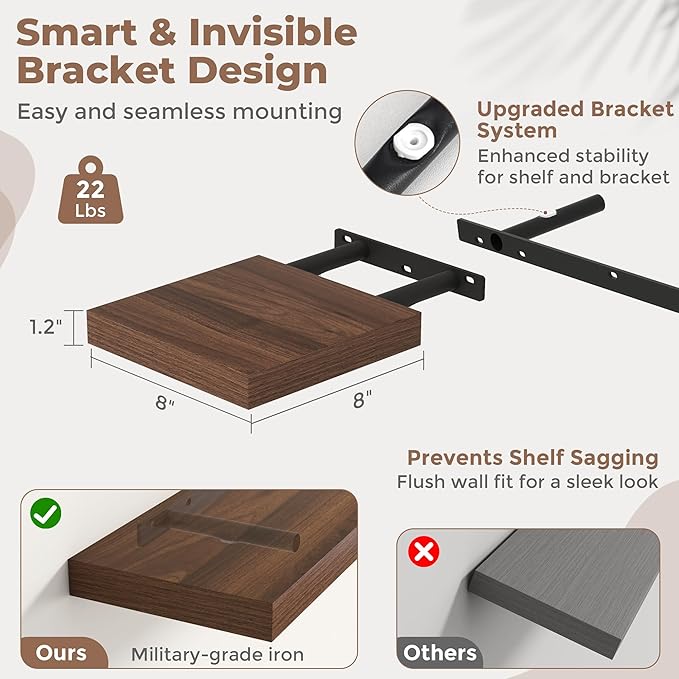 Floating Shelves for Wall with Invisible Brackets, Wall Mounted Engineered Wood Shelves with Wood Grain for Living Room, Bedroom, Bathroom, Kitchen Decor and Storage, Oak, 8"L Set of 3, Walnut