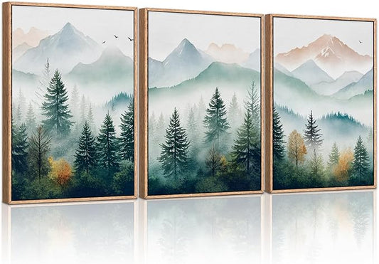 HLNIUC Misty Mountain Forest Framed Wall Art Set,Green Fog Pine Tree Wall Decor,Natural Foggy Forest Scenic Canvas Wall Painting,Fog forest Landscape Art Print for Living Room,Bedroom,Office - 16”x24”x3