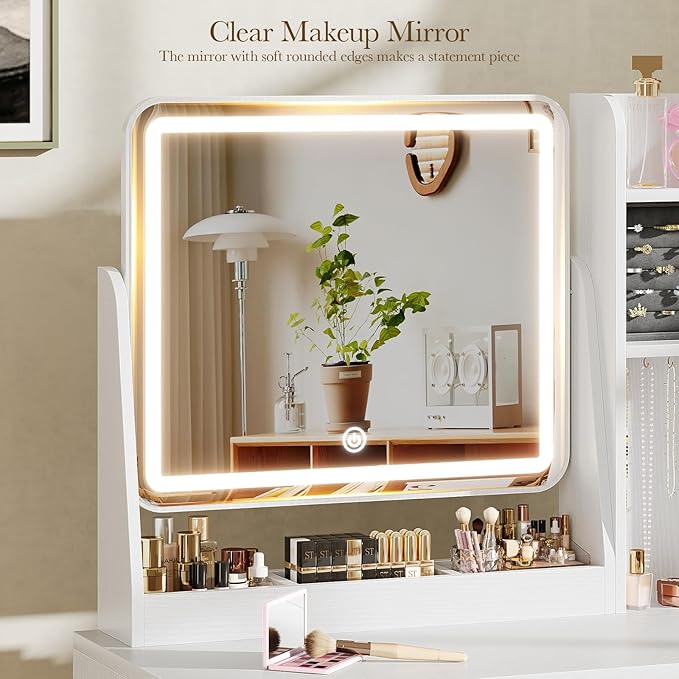 Fluted Vanity Desk with Mirror and Lights, Small Makeup Vanity with 2 Drawers and Jewelry Storage Cabinet, 3 Lighting Modes Adjustable Brightness, Dressing Table for Bedroom - White
