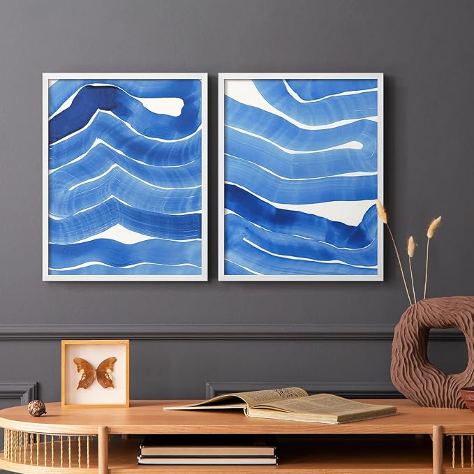 Renditions Gallery Set of 2 Peel & Stick Framed Prints, Watercolor Abstract Wall Art, Bold Brushstrokes in Shades of Blue Wall Decor, Re-Stickable - Ready to Hang - 16"x20" - White Frame LT588