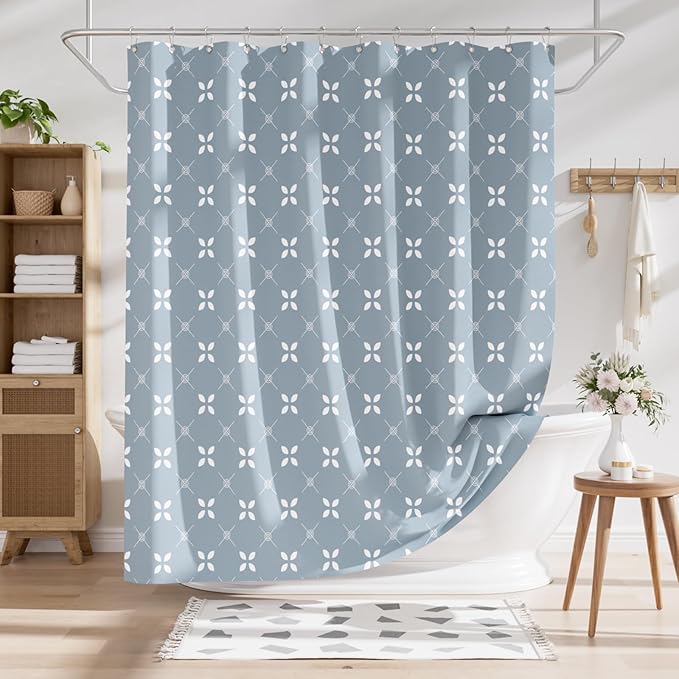 AmazerBath Shower Curtain Blue, Cloth Blue and White Floral Fabric Shower Curtain Sets with 12 Shower Curtain Hooks, Rustic Home Decor Washable Farmhouse Fall Bathroom Shower Curtains, 72x72 Inches