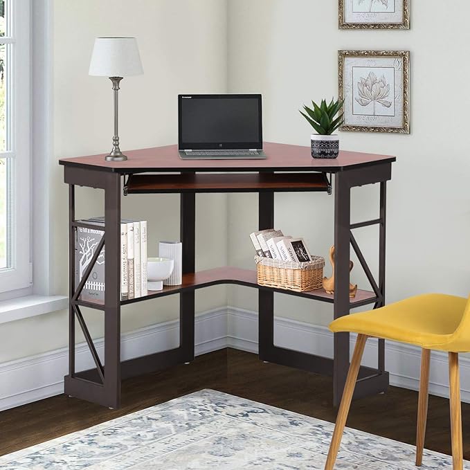 VECELO Corner Computer Desk 41 x 30 inches with Smooth Keyboard & Storage Shelves for Home Office Workstation, Teakwood Brown