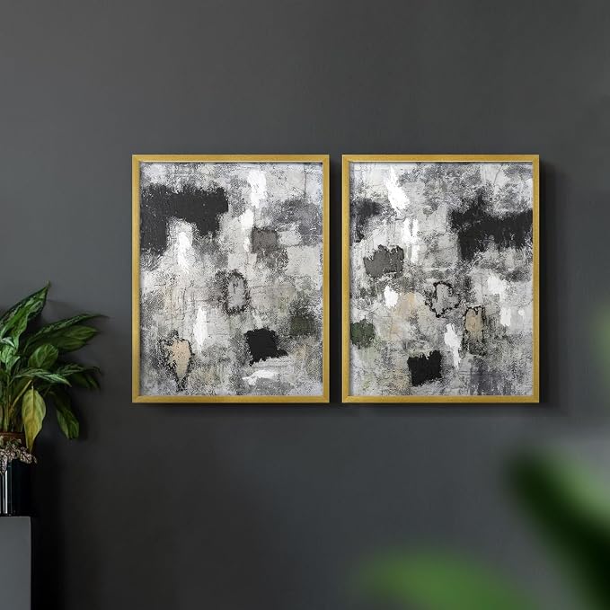 Renditions Gallery Set of 2 Peel & Stick Framed Prints, Abstract Wall Art, Hand Painted Black and White Pattern Wall Decor, Re-Stickable - Ready to Hang - 11"x14" - GOLD Frame LT588