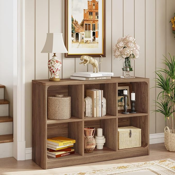 FATORRI 6 Cube Storage Bookcase, Rustic Wood Horizontal Bookshelf with Rounded Corners, Low Cube Organizer Shelf for Living Room, Bedroom, Office (Walnut, 43 Inch)