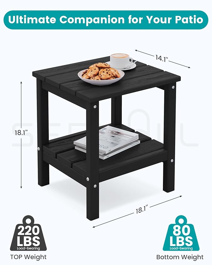 SERWALL 2-Tier HDPE Outdoor Side Tables Set of 2, Weatherproof Rectangular Adirondack Side Table, Black