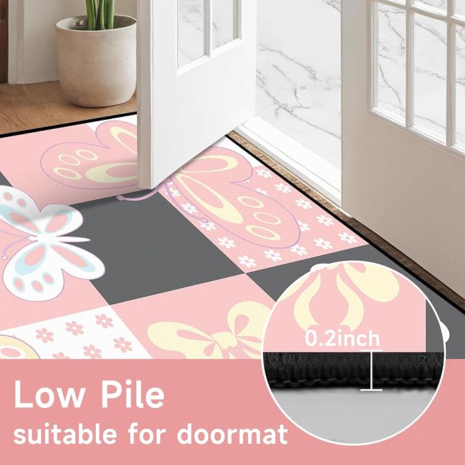 3'x5' Butterfly Area Rug Pink Butterfly Checkered Rugs for Entryway Bedroom Living Room Kitchen Home Decor Cute Flower Carpet Washable Non Slip Floor Mat