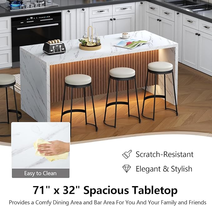 71" Large Imitation Marble Dining Table for 6-8 People, Island Table with LED Lights, Mordern Marble Stripes Kitchen Dining Table with Grille design for Dining Room, Home, Office, Living Room（white）