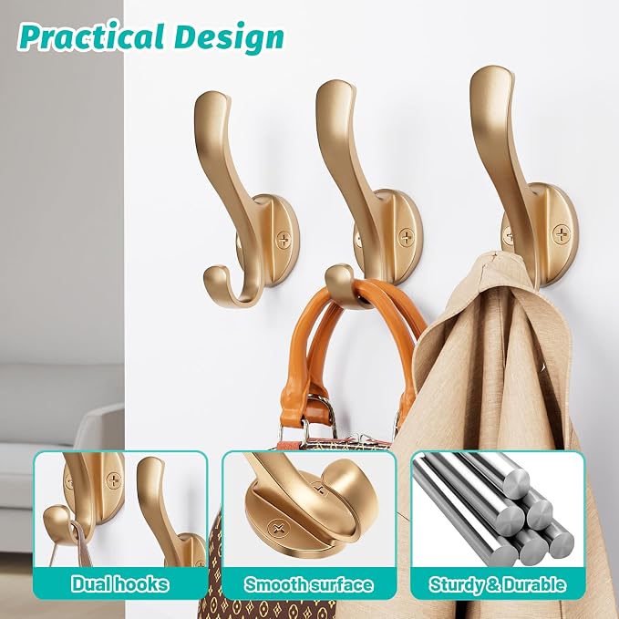Coat Hooks Heavy Duty - Easy to Install Metal Towel Hooks Fashionable Wall Hooks for Hanging Hat, Towel, Key, Robe, Scarf, Bag, Cap (6 PCS Gold)