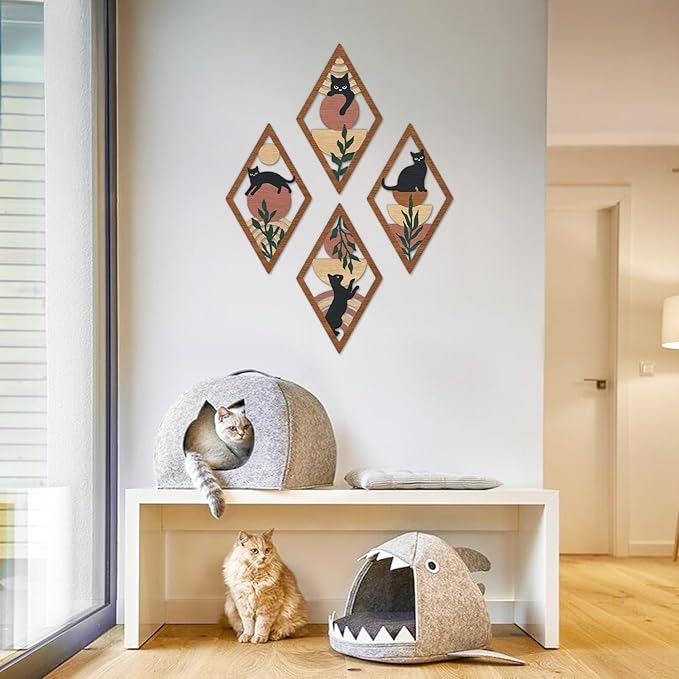 TOARTi 4Pcs Minimalist Boho Black Cat Wall Art Set Geometric Wooden Cat Wall Decor Bohemian Black Cats Hanging Sign Abstract Boho Cats Wood Sign for Bedroom Living Room Farmhouse Aesthetic Geometric Artwork