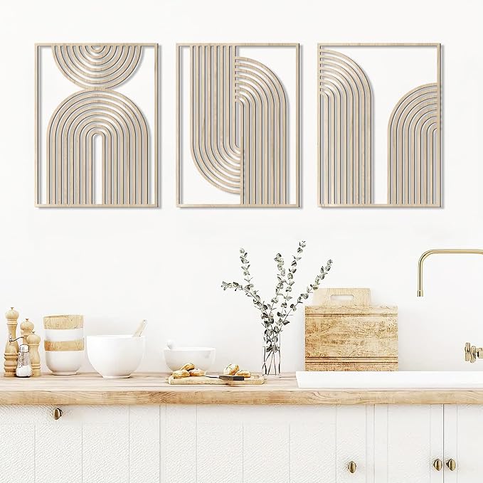 COLOR VALLEYART Set of 3 Modern Wood Wall Art Panels, Boho Geometric Design, 11.4 x 7 inches, Indoor Decor for Living Room, Office (11.8L''x15.7''Wx3Pcs)
