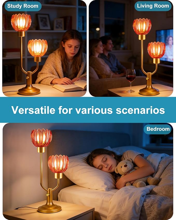 Lightdot Flower Table Lamp Dimmable Nightstand Lamp Mid Century Modern Red Glass Vintage Gold Desk Lamp 2 Bulbs Included Warmwhite Ambient Bedside Lamps for Living Room Bedroom Home Office Decor Gift