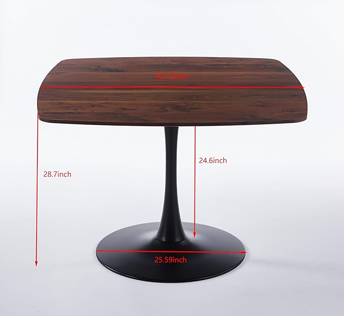 Walnut Square Dining Table for6, 41.12 inches Special Kitchen Table with Tulip Shape & Metal Pedestal Base, Mid Century Modern Bistro Tulip Table for Kitchen, Small Space, Cafe