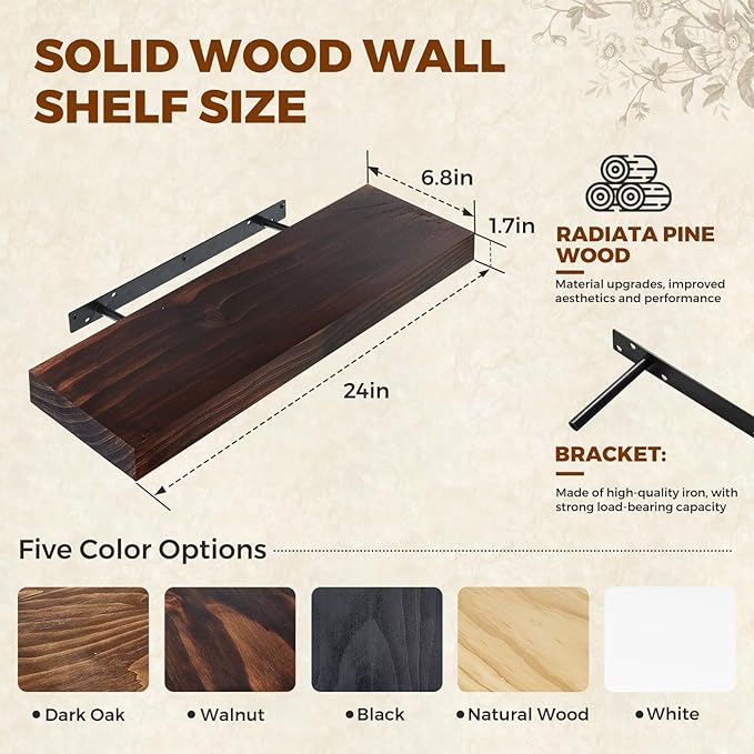 Floating Wall Shelves 24x6.8x1.7 Inch – Solid Wood Rustic Shelves in Walnut Finish – Wall Mounted Display Shelf for Bathroom, Kitchen, Bedroom – Set of 3
