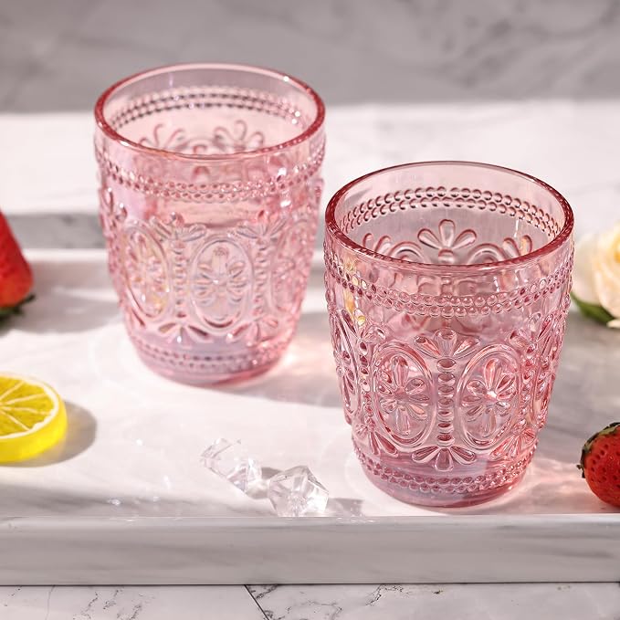 abrwyy 4Pcs Pink Glassware, Drinking Beverage Glass Cup, Vintage Drinking Glasses, Colored Glassware Set for Party Wedding Home Office Gift