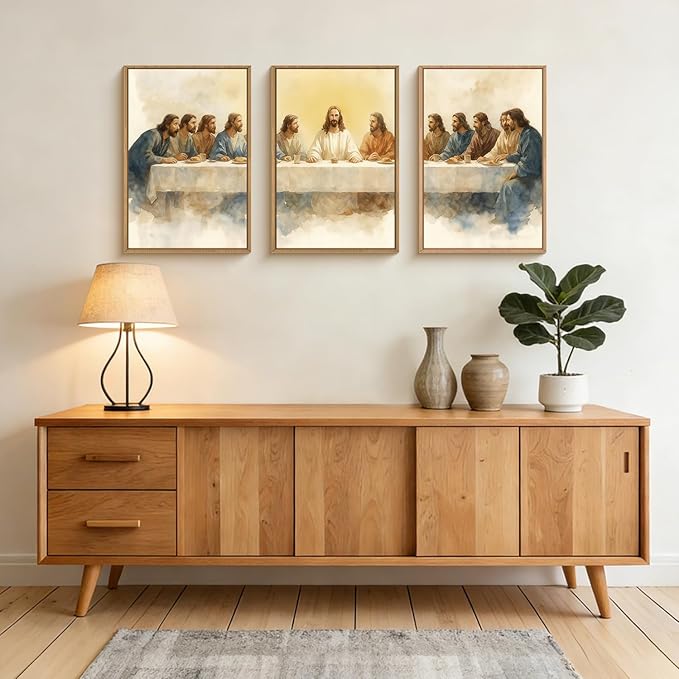 FWIEXA Jesus Last Supper Canvas Wall Art Set 3, Framed Christian Decor Painting, Religious Boho Prints, Bible Watercolor Artwork, 16x24In Verse Scripture Pictures for Living Room,Bedroom,Prayer Room