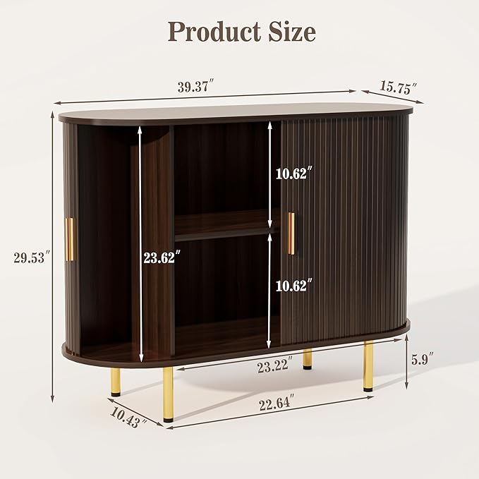 DHH Sideboard Buffet Cabinet with Storage,Mid Century Modern Fluted Accent Coffee Bar Console Table,Tambour Sliding Doors& Adjustable Shelf for Kitchen, Living Room, Entryway(Dark Walnut, 40 Inch)