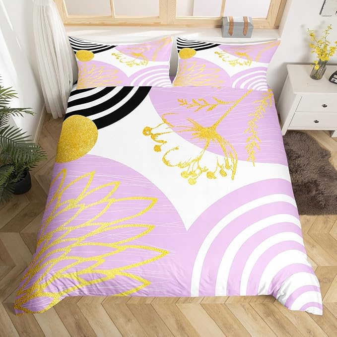 Erosebridal Purple and White Modern Duvet Cover King Size for Minimalist | Abstract Mid Century Comforter Cover Bohemian Leaf Floral Botanical Bedding Set Aesthetic Modern Geometric Bed Set