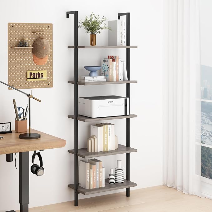 Karl home Ladder Shelf 5 Tier Wall Mounted Bookcase with Metal Frame, Open Design Shelves for Living Room, Bedroom, Home, Gray (23.62" L x 11.81" W x 70.87" H)