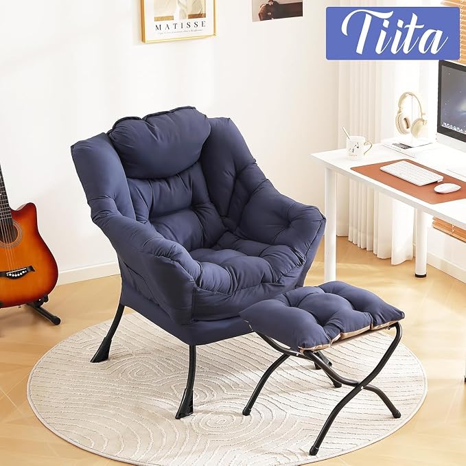 Tiita Modern Large Accent Chair with Ottoman, Navy, Comfy Leisure Sofa Armchair with Ottoman, Reading Chair with Footrest for Bedroom, Living Room, Dorm Rooms
