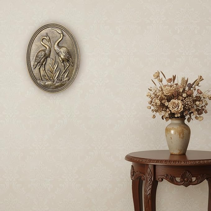 Vintage Crane Wall Sculpture, Antique Wall Decor, Crane Wall Art, Hand Painted Wall Decoration with Embossed Couple Birds Design, Vintage Wall Decor for Living Room Bedroom Dining Room Hallway, Housewarming Gifts