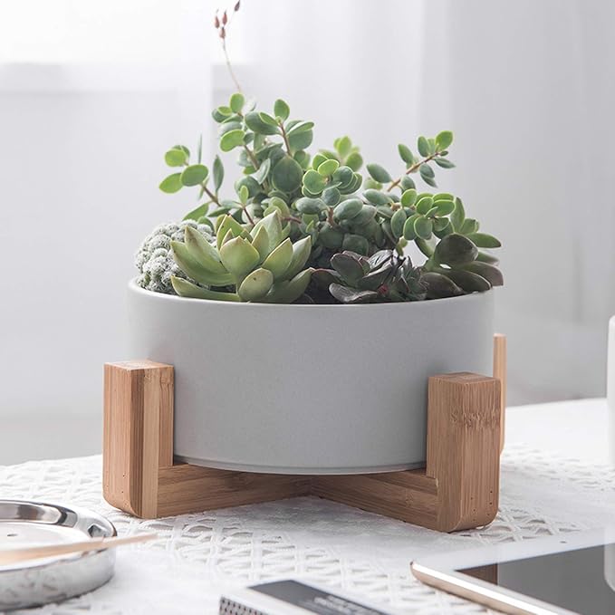 MINGZHE Ceramic Outdoor Planters,Flower Pot with Wooden Stand Indoor Display Rack Succulents Pots Round Planters for Indoor Plants(#2)