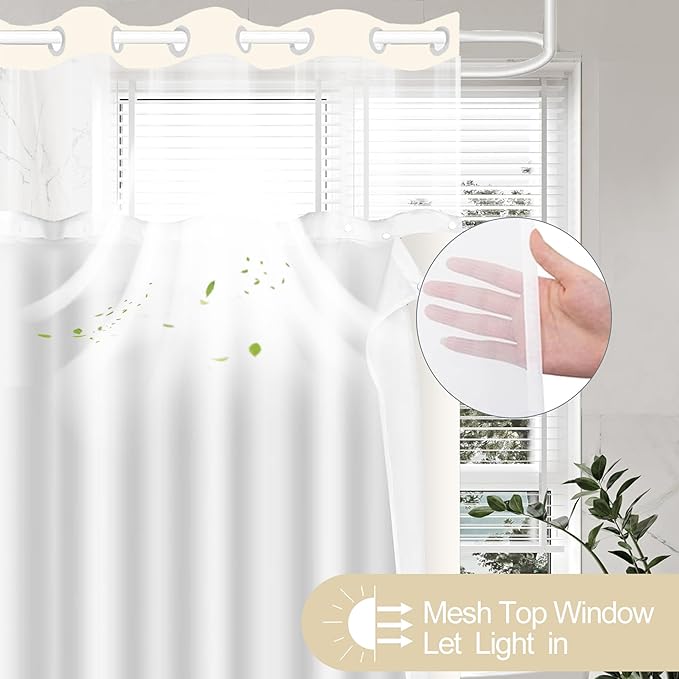 No Hook Shower Curtain and Liner Set, Boho Cat Shower Curtains with Snap in Fabric Liner for Bathroom, Ringless Waterproof Washable with See Through Top Window, Cream Beige 71" x 74"