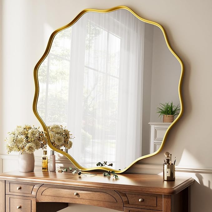 Round Wavy Mirror - 30 Inch Bathroom Vanity Mirror Metal Frame Circle Wall Mounted Mirror for Bedroom Living Room Entryway, Gold