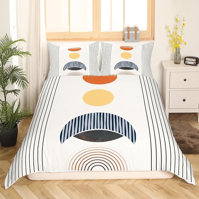 Erosebridal Modern Moon Print Comforter Cover Mid Century Bed Set, Abstract Art Duvet Cover Twin Size Geometric Stripe Bedding Sets, Aesthetic Bedspread Cover (Zipper Closure)