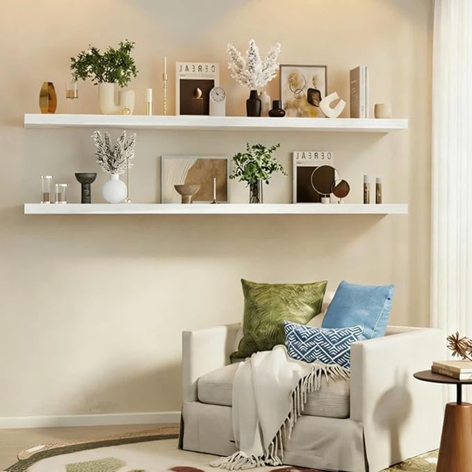 IEO Long Wooden Floating Shelves for Room Wall, Natural Wood Floating Shelves Wall Mounted Kitchen Shelf for Living Room, Bedroom, Kitchen,Bathroom, Storage (White, 60in 2tier)