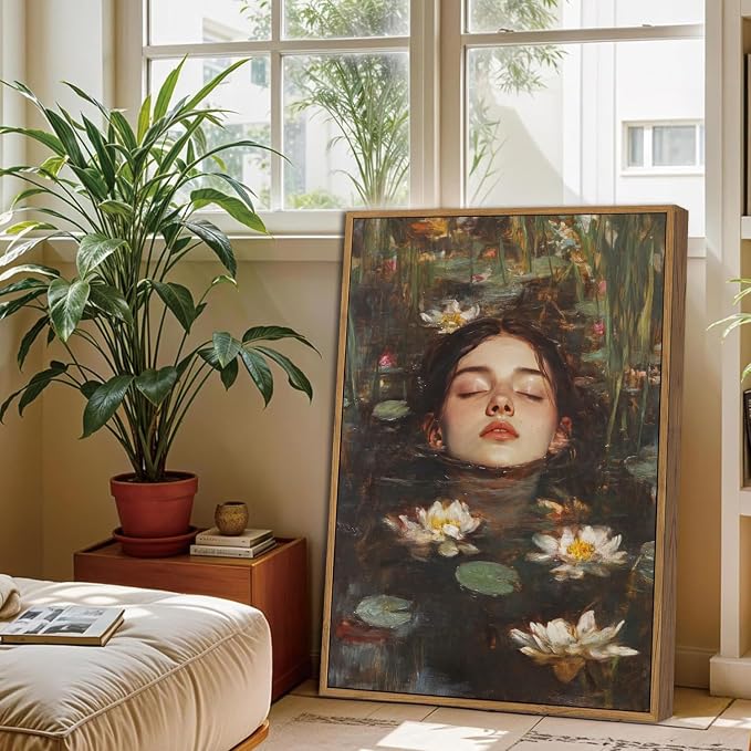 WALLZK Vintage Framed Wall Art Lotus Pool Canvas Prints Woman Portrait Artistic Painting Decor Artwork for Walls Living Room Bedroom Bathroom 16"x24"