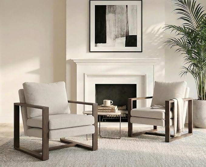 CIMOTA Modern Mid Century Accent Chairs Set of 2 Comfy Armchairs with Armrests Upholstered Reading Lounge Chairs with Metal Frame for Living Room Bedroom Office, Walnut Finish Beige