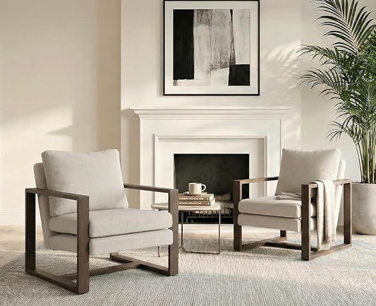 CIMOTA Modern Mid Century Accent Chairs Set of 2 Comfy Armchairs with Armrests Upholstered Reading Lounge Chairs with Metal Frame for Living Room Bedroom Office, Walnut Finish Beige