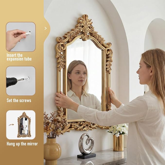 Large Retro Gold Mirror for Wall Decor 30"x47" Vanity Antique Baroque Ornate Wall Mirrors Victorian Arched Mirror for Bathroom, Living Room, Entryway, Fireplace, Bedroom