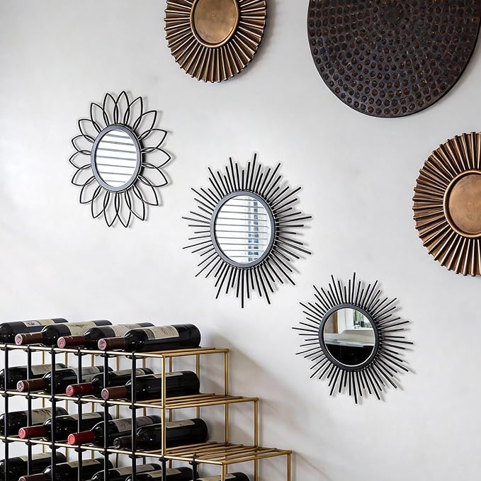 Set of 3 Black Metal Sunburst Wall Mirrors - 12" Round Decorative Art for Living Room Bedroom Bathroom Entryway, No Assembly Required, Rust Resistant Design
